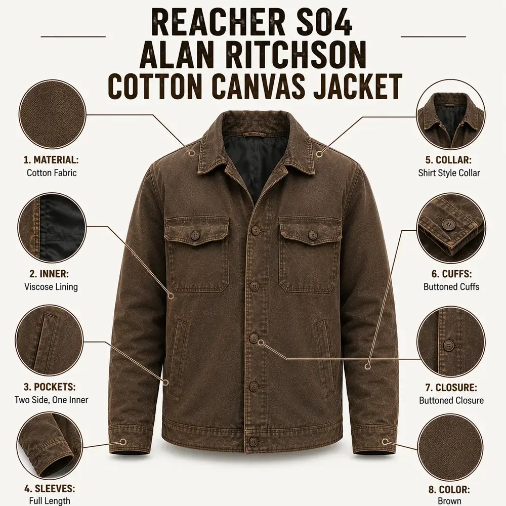 Reacher S04 Alan Ritchson Cotton Canvas Jacket Infographic