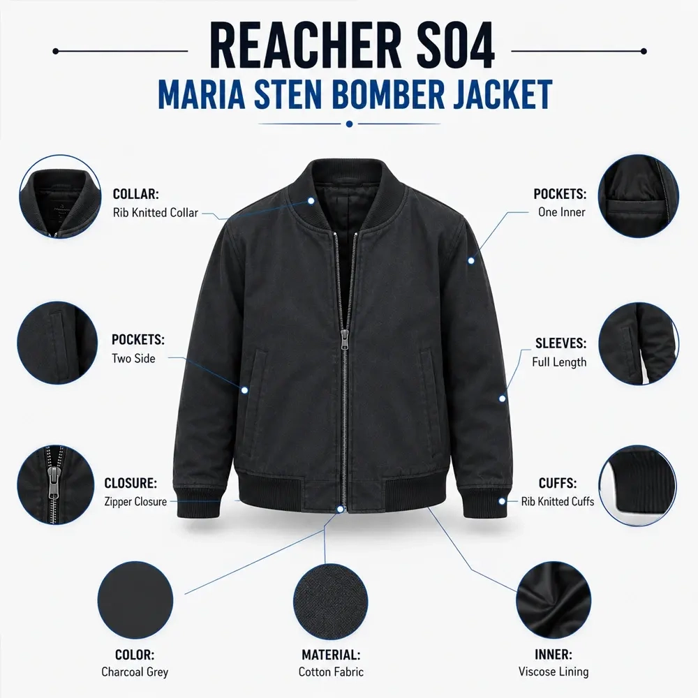 Reacher S04 Maria Sten Bomber Jacket Infographic