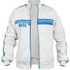 White Wii zip-up track jacket with blue stripes and embroidered logo