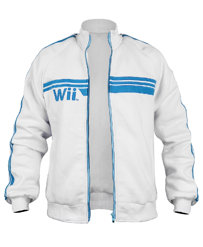 White Wii zip-up track jacket with blue stripes and embroidered logo