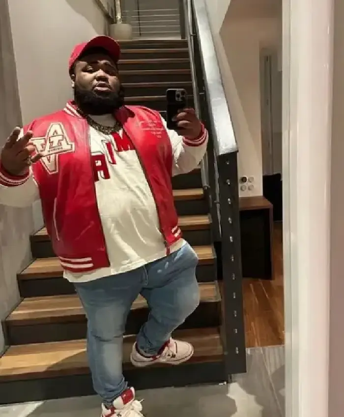 Rod Wave Avirex Red Wildcats AV Logo and Embroidered Team Patches Leather Varsity Bomber Jacket