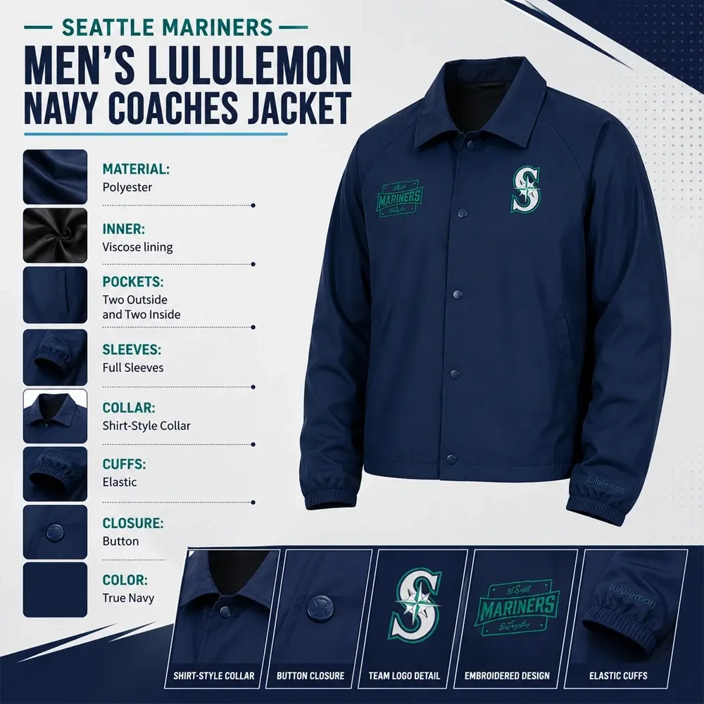 Seattle Mariners Men's lululemon Navy Coaches Jacket-Infographic