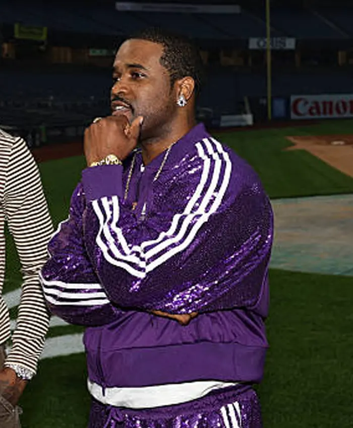 Shop YAankee Stadium Friends and Family Event 2026 A$AP Ferg Y Adidas Purple Sequin Tracksuit Left View