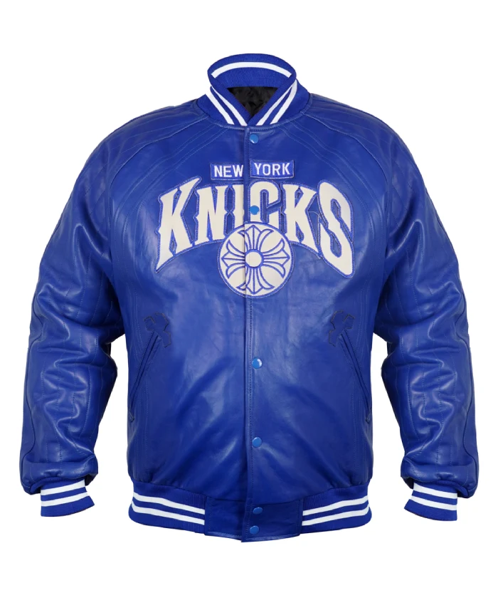 New York Knicks Chrome Hearts Varsity Jacket in blue and orange leather