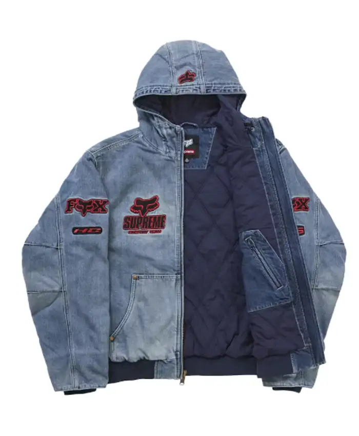 Supreme Fox Racing Denim Hooded Work Jacket For Sale