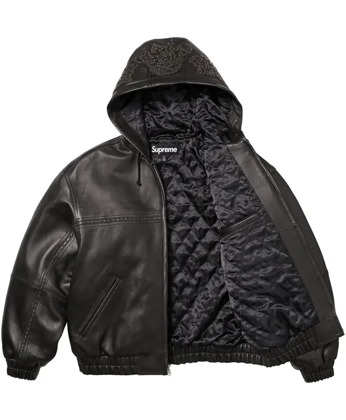 Supreme-Studded-Black-Leather-Bomber-Jacket-With-Hood