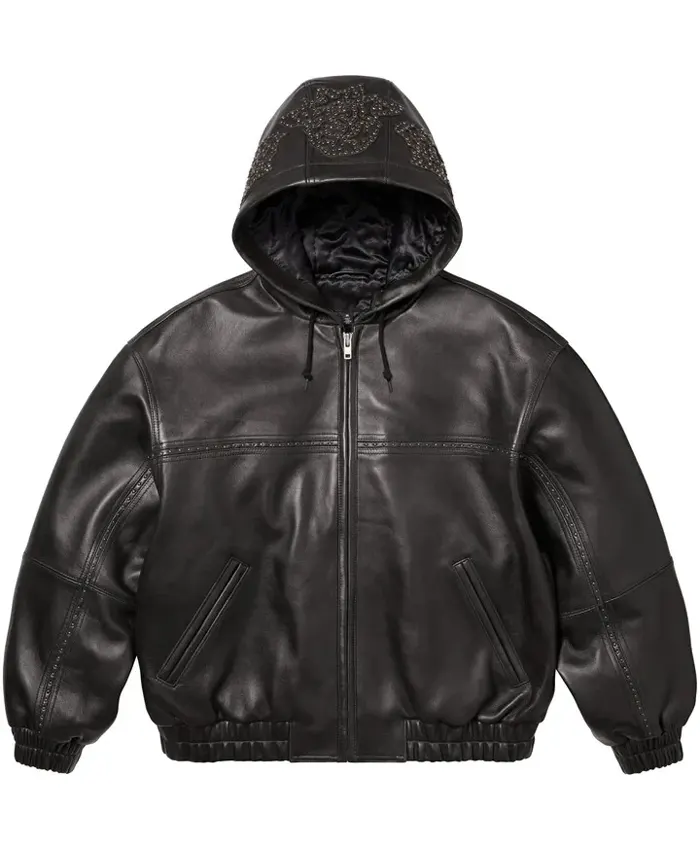 Supreme-Studded-Hooded-Black-Leather-Bomber-Jacket
