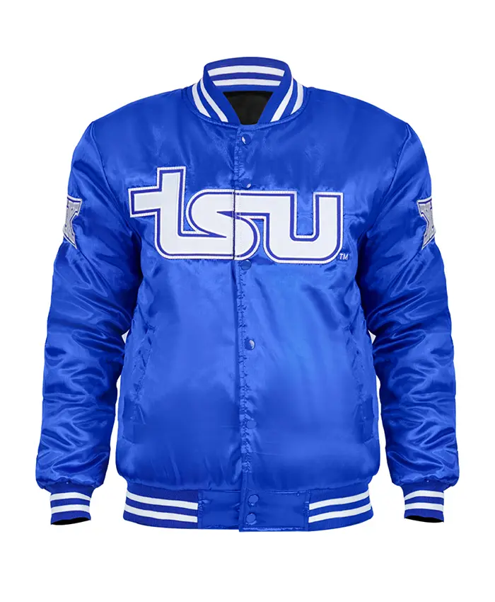Tennessee State University Blue Cropped Varsity Jacket Front