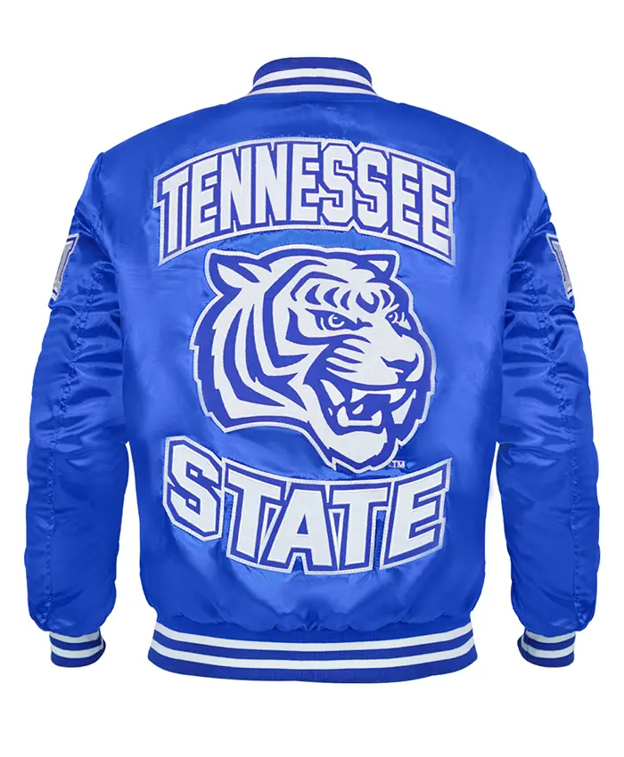 Tennessee State University Cropped Blue Varsity Satin Jacket On Sale
