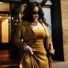 Tribeca Film Festival Rihanna Mustard Leather Coat For Sale