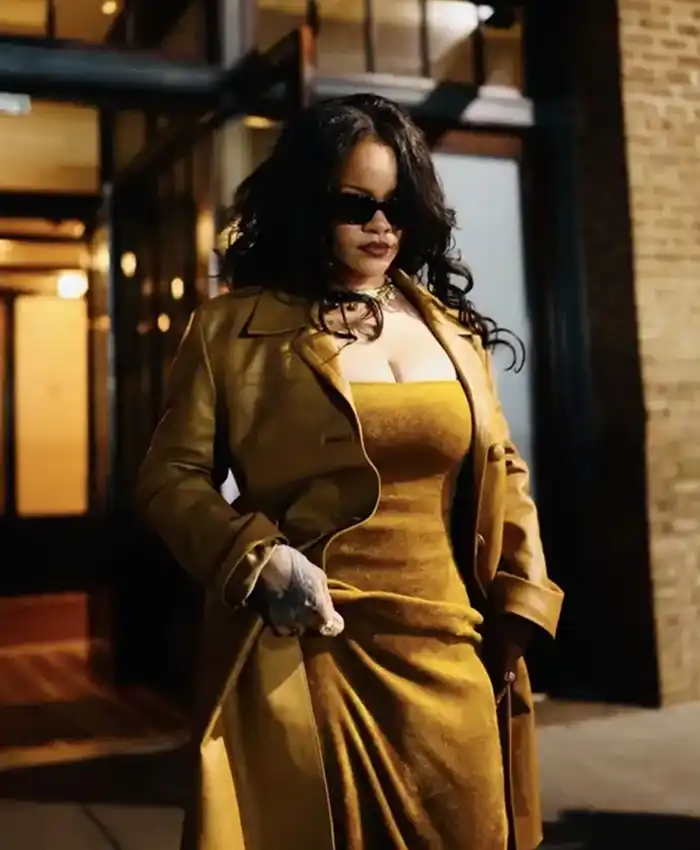 Tribeca Film Festival Rihanna Mustard Leather Coat For Sale