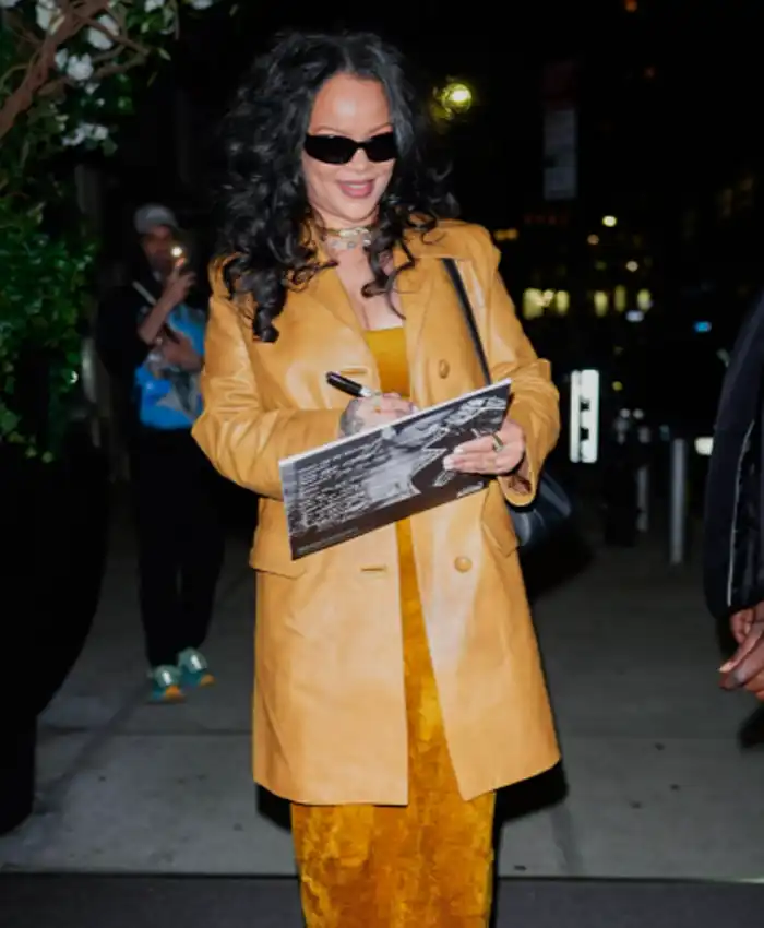 Tribeca Film Festival Rihanna Mustard Leather Coat Front
