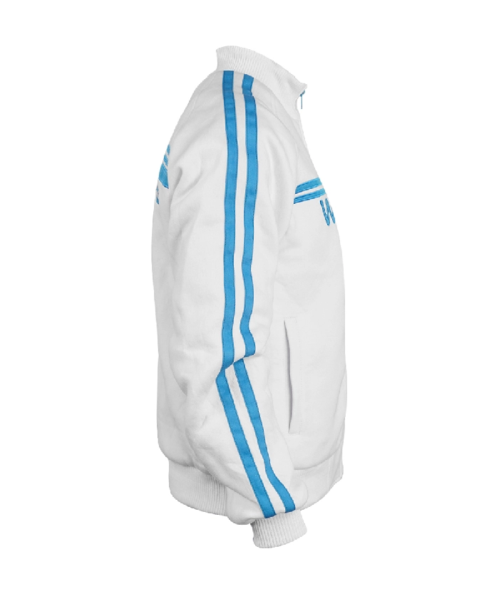 White athletic track jacket with blue piping and Wii logo embroidery