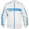 Premium white sports jacket with blue trim and ribbed high collar