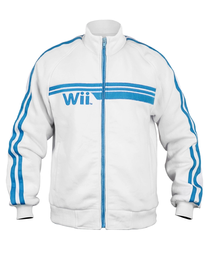 Premium white sports jacket with blue trim and ribbed high collar