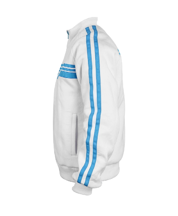 Classic white gaming-inspired track jacket with blue accents