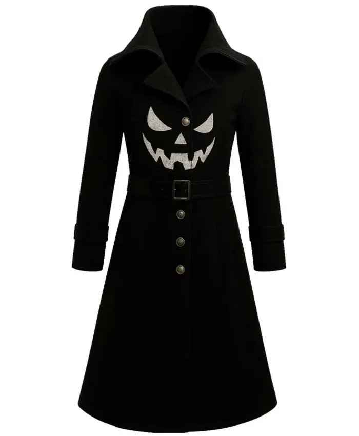 Women Gothic Pumpkin Black Wool Coat Front