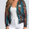 Women’s Cuce Aqua Miami Dolphins Slim Fit Sequin Striped Bomber Jacket Front