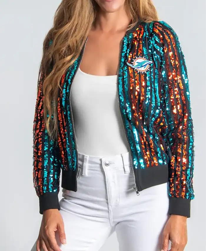 Women’s Cuce Aqua Miami Dolphins Slim Fit Sequin Striped Bomber Jacket Front