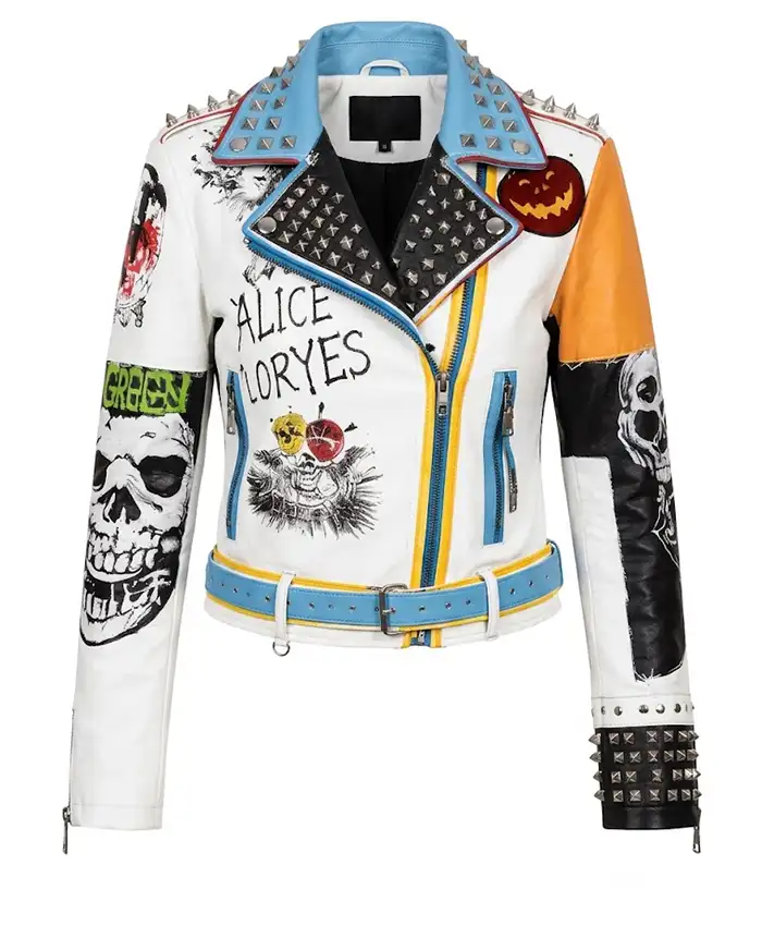 Women's Gothic Printed Patches Multicolor Leather Jacket Front