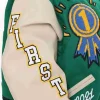 Women’s Winning Team First Row Trophy Green and White Varsity Jacket