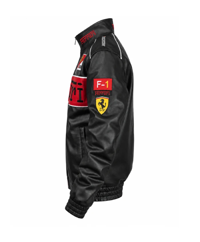 F1-inspired black streetwear jacket with rib-knitted cuffs