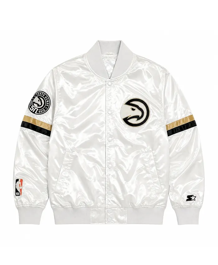 50 Years Atlanta Hawks White Satin Bomber Varsity Jacket For Sale