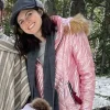 Alexandra Daddario Movie Couples Weekend 2026 Fur Hooded Pink Puffer Jacket