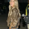 Alix Earle Super Bowl LX Brunch 2026 Distressed Brown Vintage Leather Bomber Jacket Side View