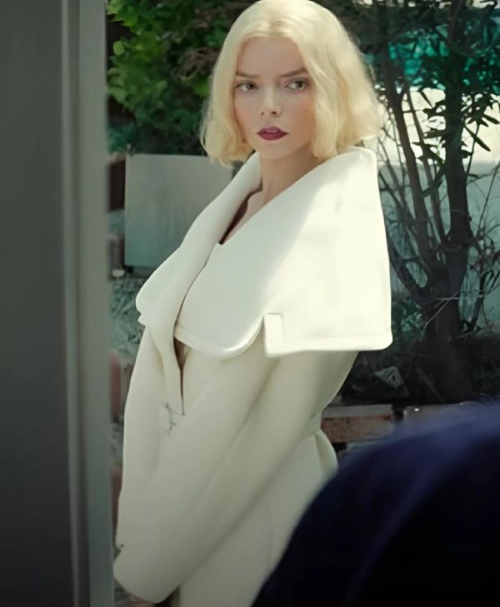 Anya Taylor-Joy TV Series Lucky 2026 White Wool Belted Coat Side View