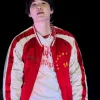 BTS ARIRANG World Tour Toronto Suga Red and White Satin Quilted Bomber Jacket