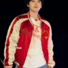 BTS ARIRANG World Tour Toronto Suga Red and White Satin Quilted Bomber Jacket For Sale