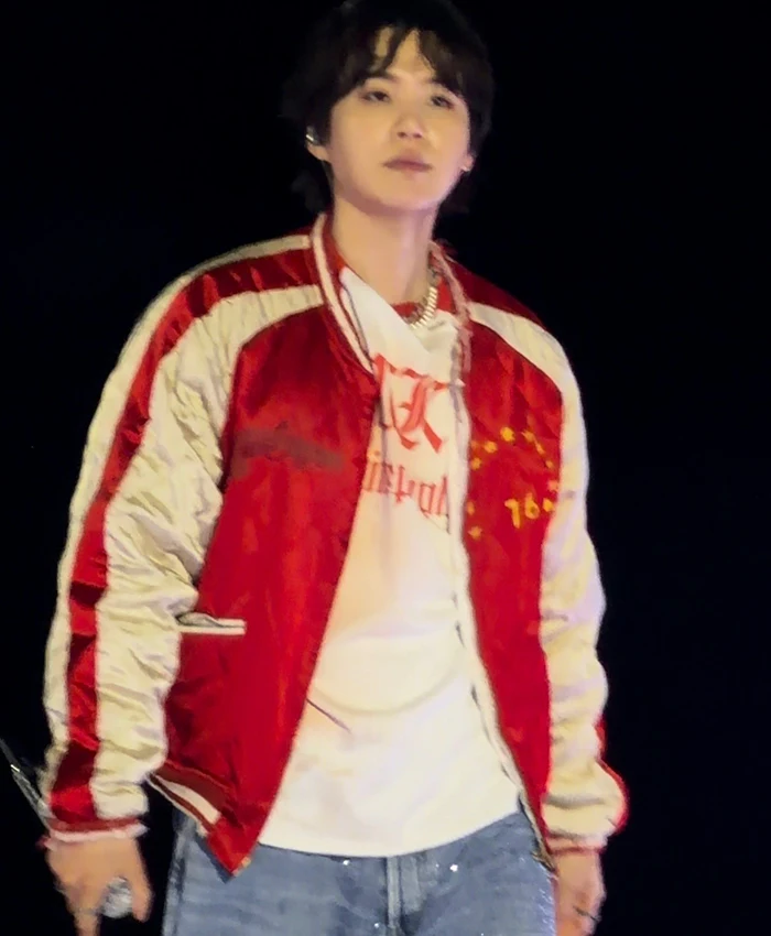BTS ARIRANG World Tour Toronto Suga Red and White Satin Quilted Bomber Jacket For Sale