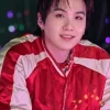 BTS ARIRANG World Tour Toronto Suga Red and White Satin Quilted Bomber Jacket Front