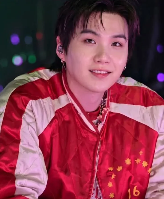 BTS ARIRANG World Tour Toronto Suga Red and White Satin Quilted Bomber Jacket Front
