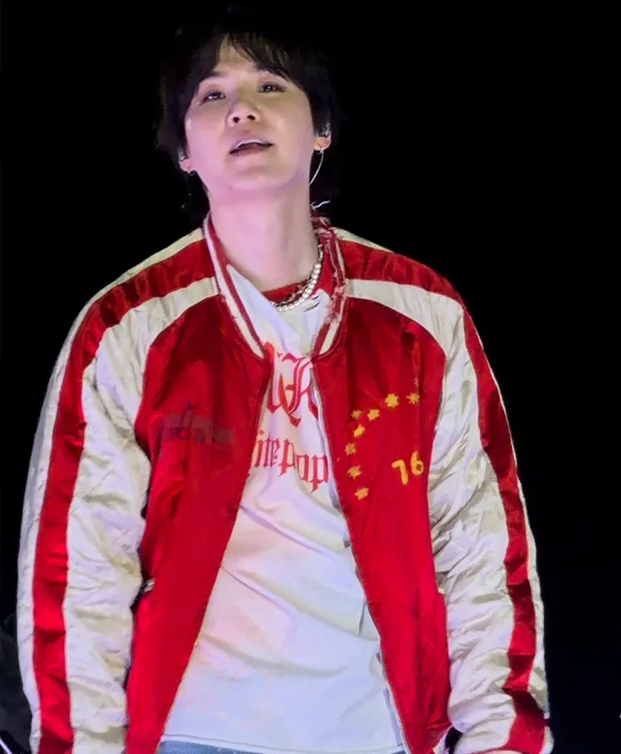 BTS ARIRANG World Tour Toronto Suga Red and White Satin Quilted Bomber Jacket