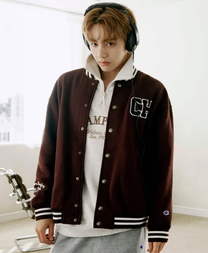 BTS TAEHYUNG x Champion Brown Varsity Jacket