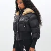 Baby Phat Black Cropped Puffer Jacket With Fur Hood