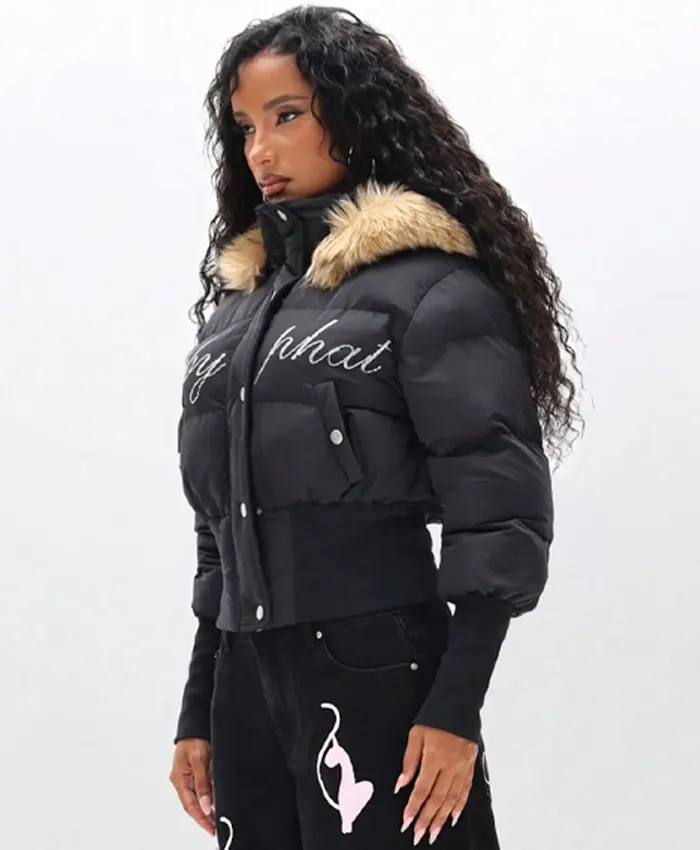 Baby Phat Black Cropped Puffer Jacket With Fur Hood