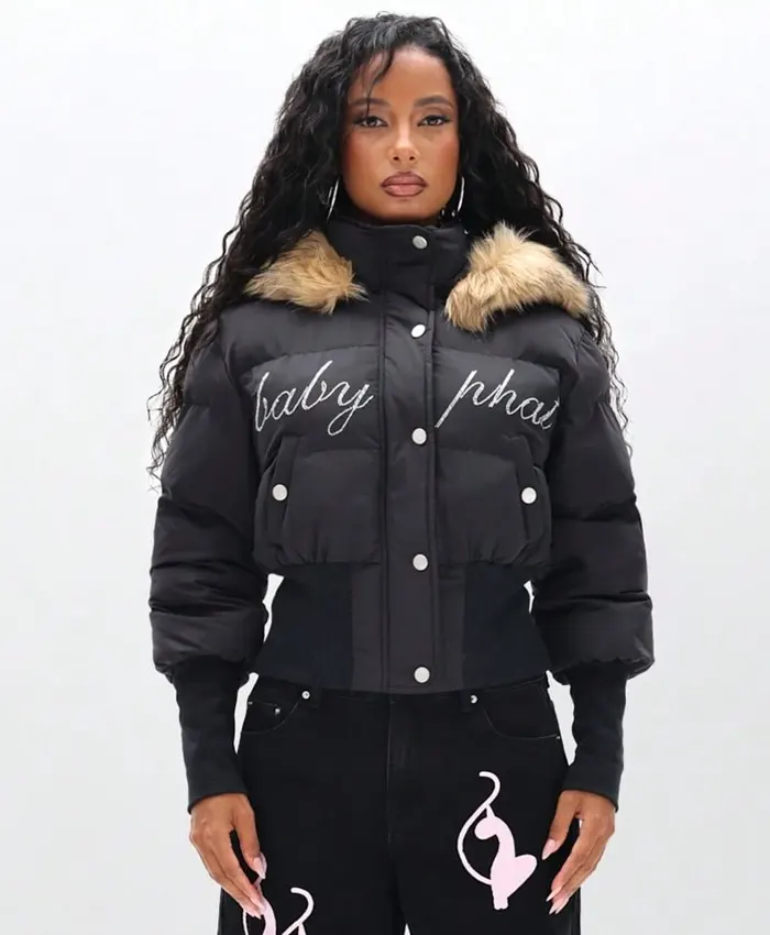 Baby Phat Cropped Black Puffer Jacket With Fur Hood