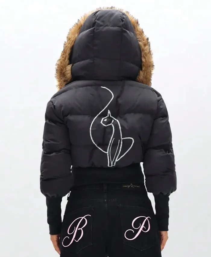 Baby Phat Logo Black Crop Puffer Jacket With Fur Hood
