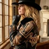 Beth Dutton TV Series Dutton Ranch 2026 Aztec Pattern Black Shearling Collar Cropped Jacket Side View