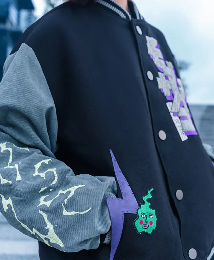 Bibisama Mob Psycho 100 Shigeo Navy and Grey Wool Varsity Jacket Side View