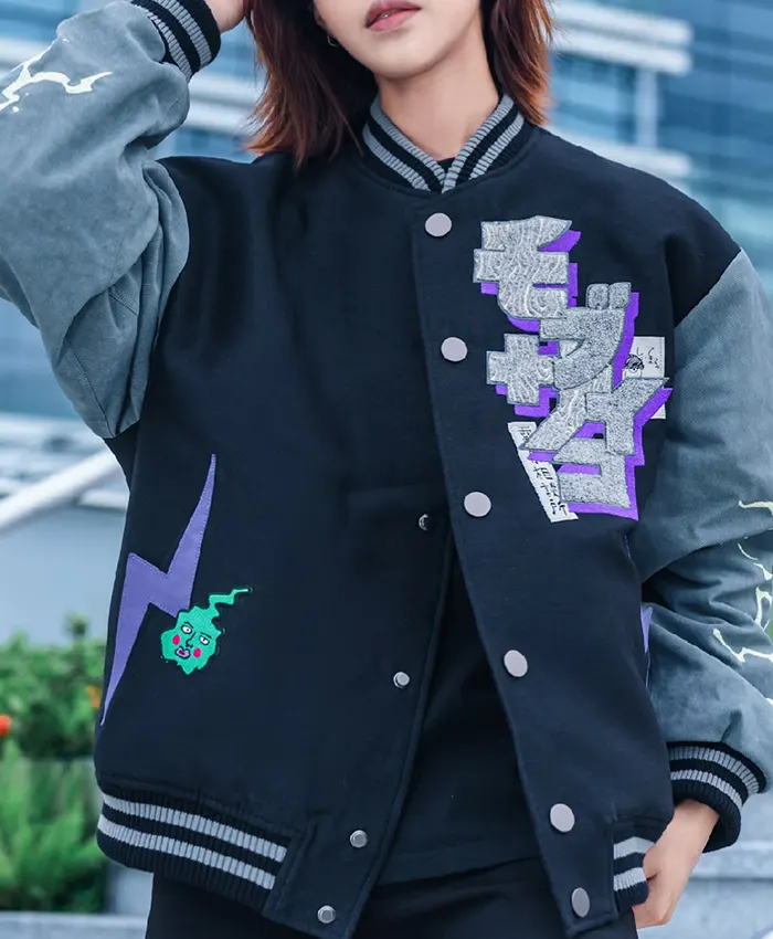 Bibisama Mob Psycho 100 Shigeo Navy and Grey Wool Varsity Jacket