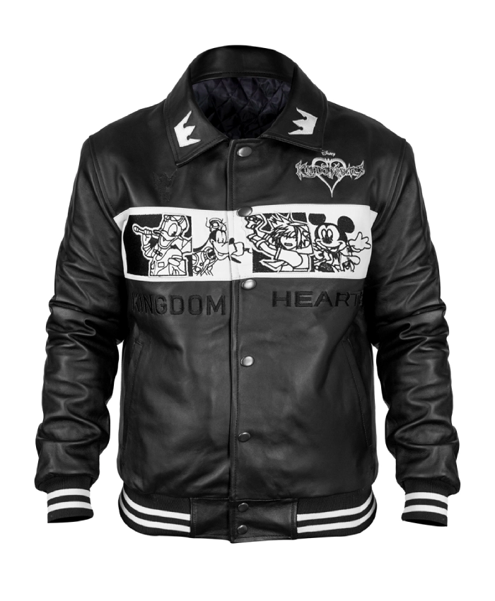 Kingdom Hearts D23 black and white leather jacket with stylish varsity-inspired design