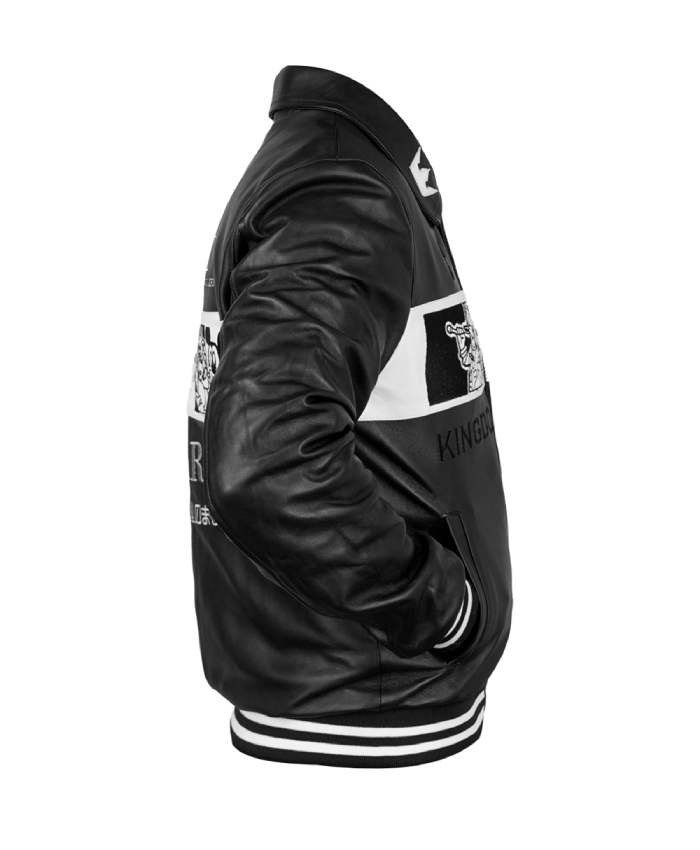 D23 Kingdom Hearts black leather bomber varsity jacket with ribbed cuffs