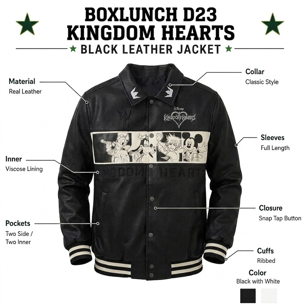 Boxlunch D23 Kingdom Hearts Black Leather Jacket Infographic