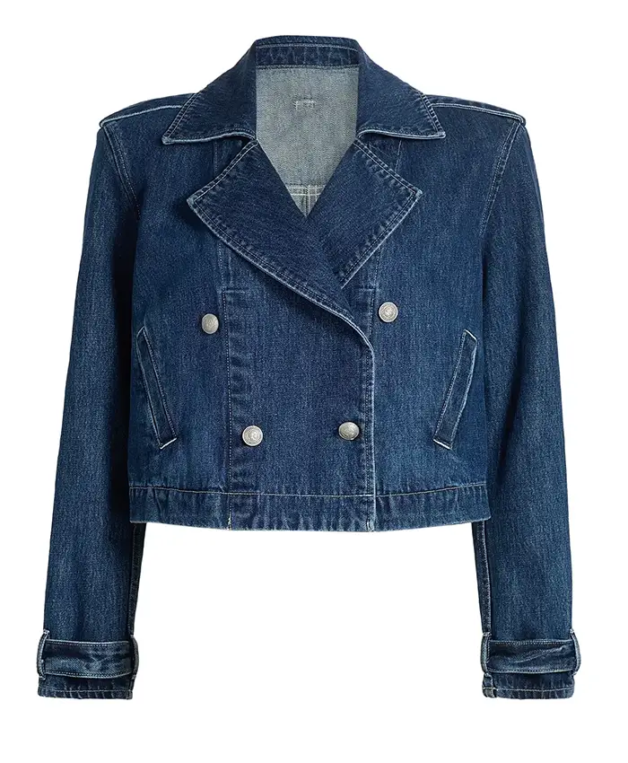 Brooke Kirtley The Five Star Weekend 2026 Dark Blue Cropped Double Breasted Denim Jacket