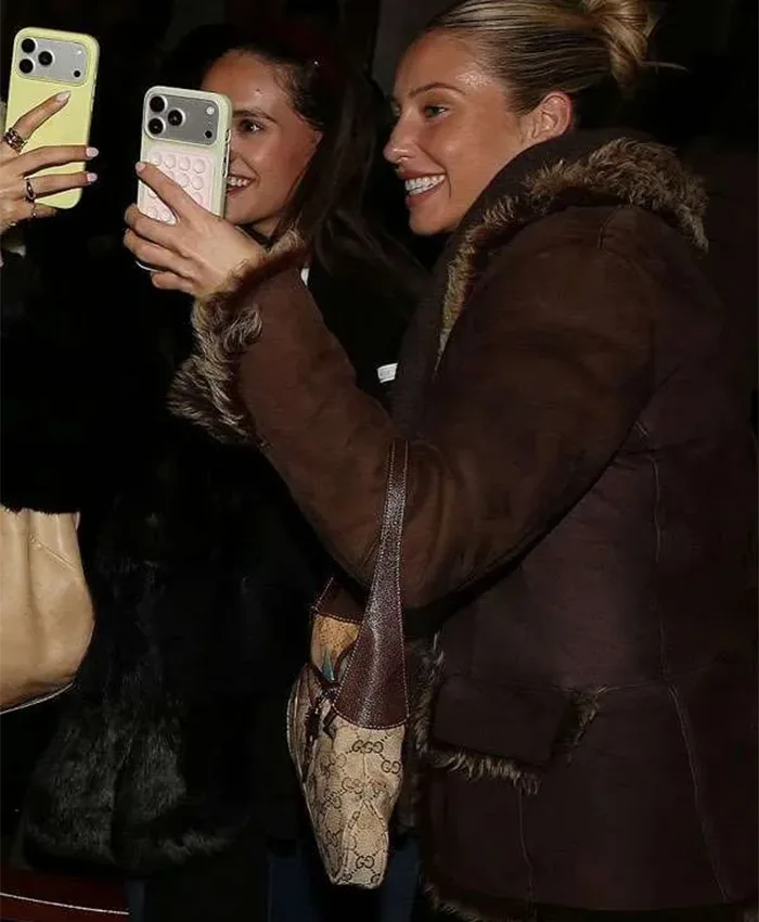 Buy Alix Earle Shearling Fur Trim Dark Brown Suede Jacket On Sale