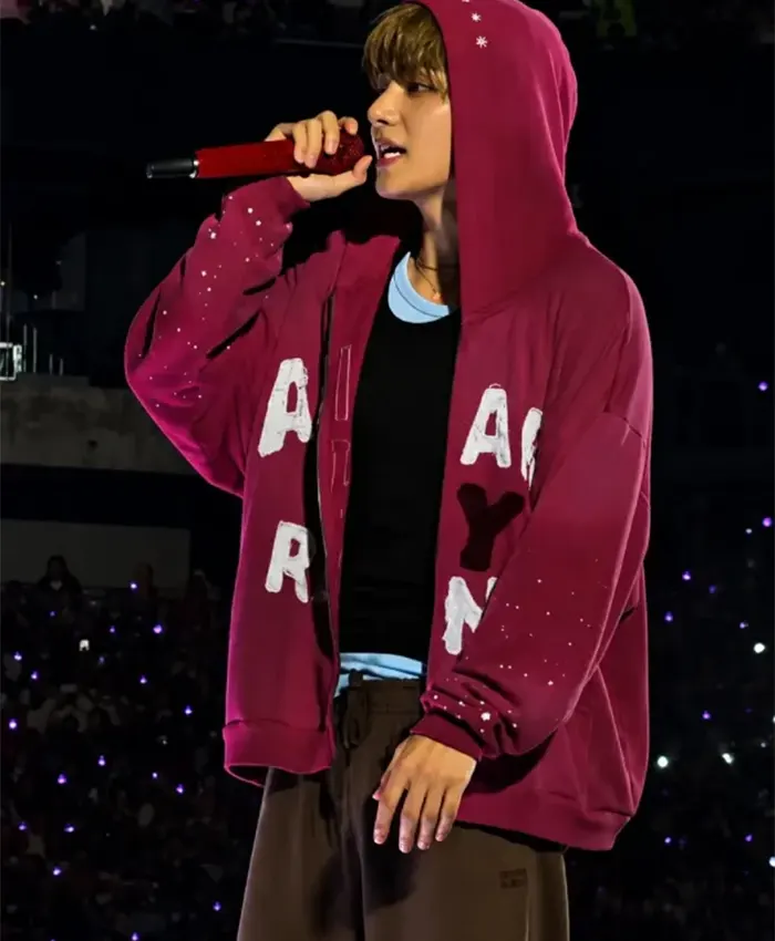 Buy BTS ARIRANG NY Red Zip-Up Hooded Jacket Front